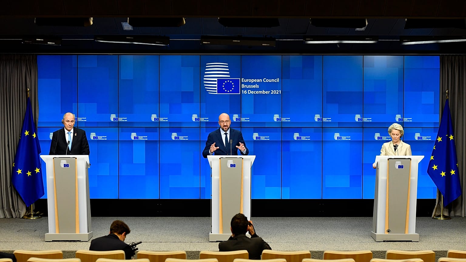 From left, Slovenia's Prime Minister Janez Jansa, European Council President Charles Michel and European Commission President Ursula von der Leyen.