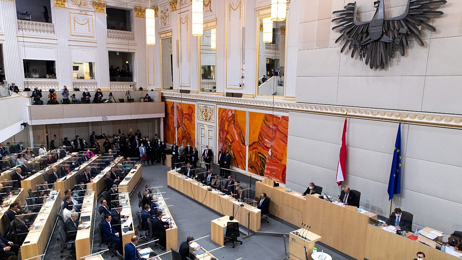 Member of the Austrian Parliament at the government declaration during a special session in the Austrian Parliament in Vienna, Austria, Oct. 12, 2021.