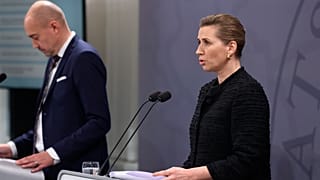 Denmark's Prime Minister Mette Frederiksen speaks during a press conference in Copenhagen, 17 December 2021.
