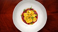 homemade Tortelli stuffed wiith tuscan roast pork & Taurasi red onion, by Fabios