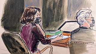 In this courtroom sketch, Ghislaine Maxwell, left, sits at the defence table with defence attorney Jeffrey Pagliuca while listening to testimony in her sex abuse trial.