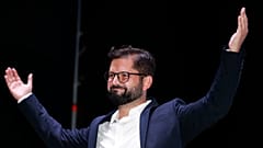 Chile's President elect Gabriel Boric, of the "I approve Dignity" coalition, celebrates his victory in the presidential run-off election  in Santiago, Chile, Dec. 19, 2021.