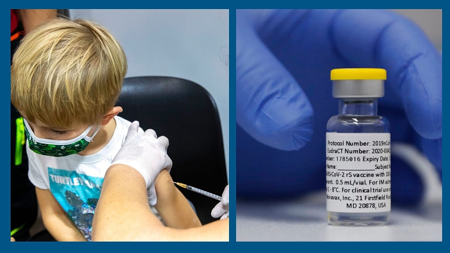 Archives : (à g.) vaccination d'un enfant en Autriche, le 01/12/2021 // (à dr.) : flacon du vaccin Novavax en phase expérimentale, photo du 07/10/2020