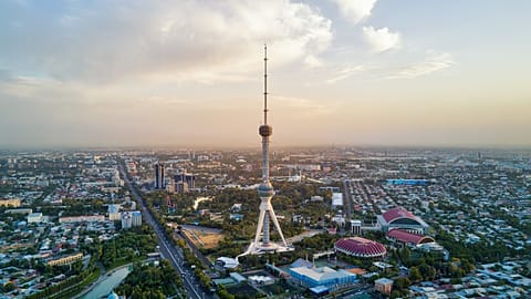 Tashkent TV Tower Aerial Shot During Sunset in Uzbekistan
