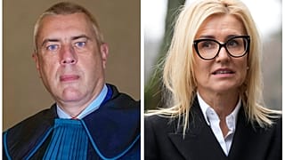 Polish lawyer Roman Giertych, left, poses for a portrait in Rome, and Polish prosecutor Ewa Wrzosek, right, is photographed in Warsaw, on Thursday, Dec. 16, 2021.