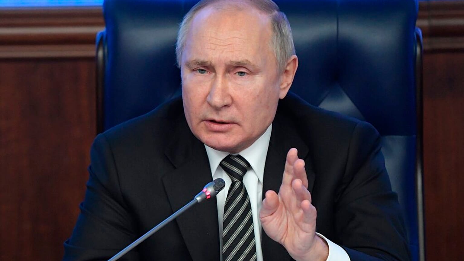 Russian President Vladimir Putin at an extended meeting of the Russian Defense Ministry Board at the National Defense Control Center in Moscow, Russia, Tuesday, Dec. 21, 2021.