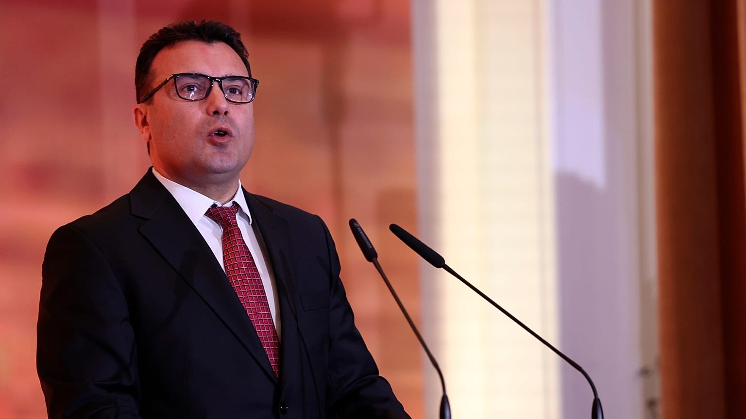 North Macedonia's Prime Minister Zoran Zaev speaks during a press conference after the "Open Balkan" initiative at the Palace of Brigades, Tirana, Albania, December 21, 2021.