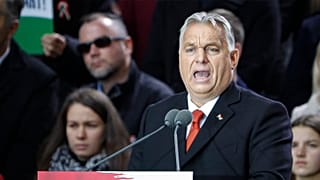 Hungarian Prime Minister Viktor Orban addresses supporters during celebration the 65th anniversary of the 1956 Hungarian revolution, in Budapest in October 2021