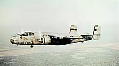 Full length shot of B-25 during flight in WWII in 1942. 