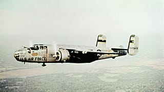 Full length shot of B-25 during flight in WWII in 1942. 