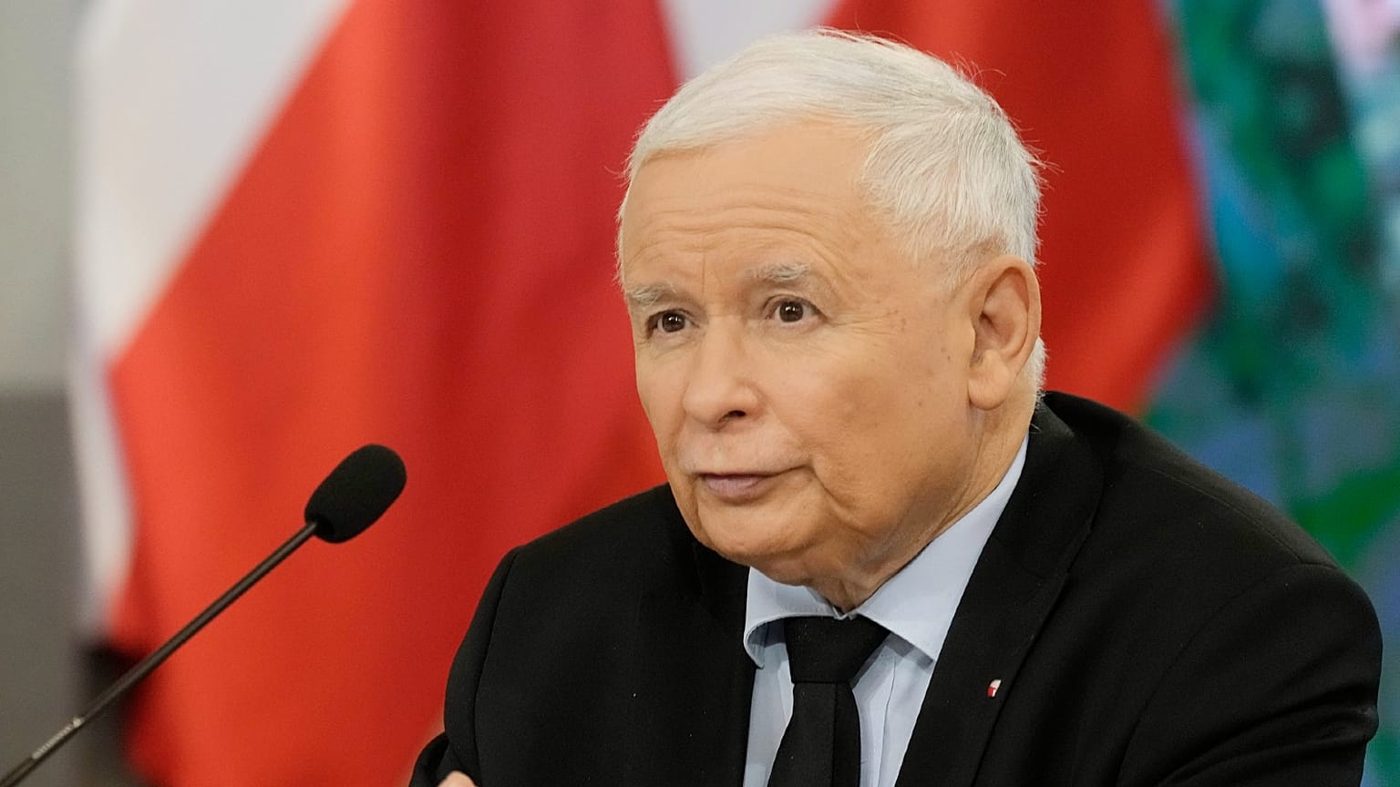 Jaroslaw Kaczynski, the head of Poland's ruling party Law and Justice, speaks at a news conference in Warsaw, Poland, on Oct. 26, 2021.