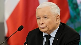 Jaroslaw Kaczynski, the head of Poland's ruling party Law and Justice, speaks at a news conference in Warsaw, Poland, on Oct. 26, 2021.
