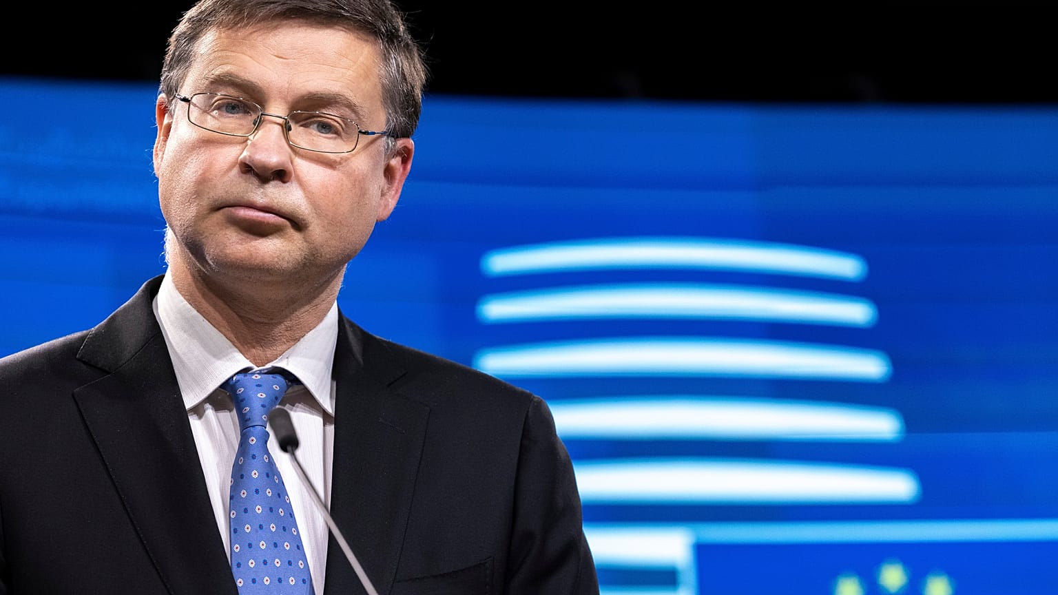 EU Trade Commissioner Valdis Dombrovskis  at the Europa building in Brussels, on Dec. 7, 2021. 