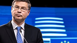 EU Trade Commissioner Valdis Dombrovskis  at the Europa building in Brussels, on Dec. 7, 2021. 
