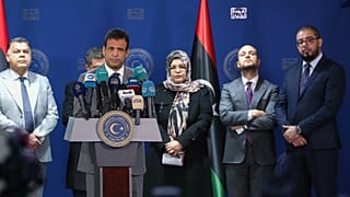رئيس الحكومة الليبية بالوكالة رمضان أبو جناح خلال مؤتمر  صحفي في العاصمة طرابلس، ليبيا، 12 ديسمبر 2021