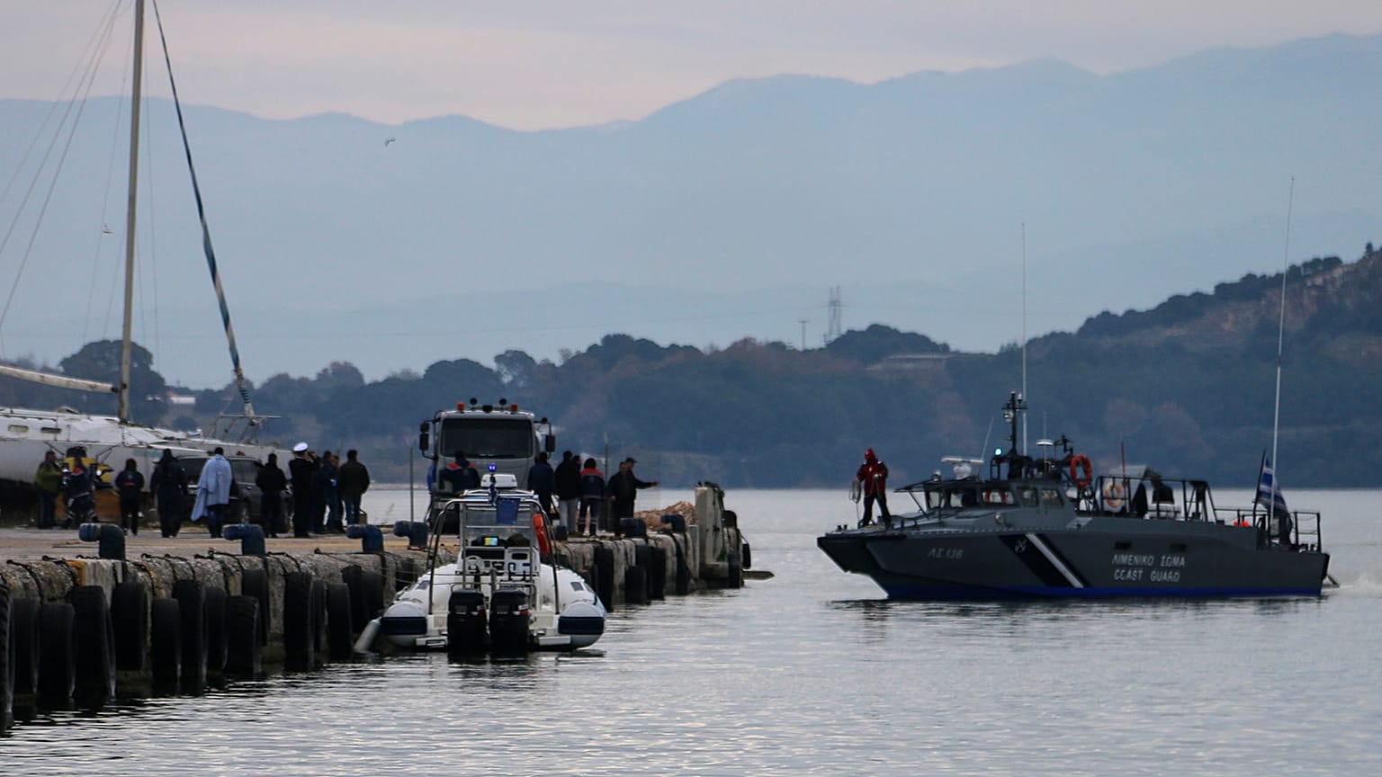 A Greek coastguard vessel approaches the port of Preveza, northwestern Greece