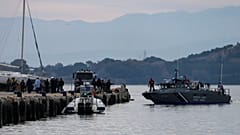 A Greek coastguard vessel approaches the port of Preveza, northwestern Greece