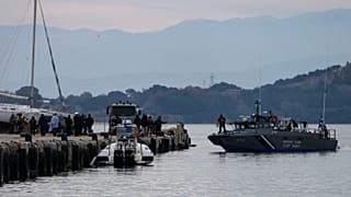 A Greek coastguard vessel approaches the port of Preveza, northwestern Greece