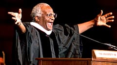 Archbishop Emeritus Desmond Tutu addresses new University of Oklahoma graduates, at a ceremony at the university after he received a honorary degree in 2000