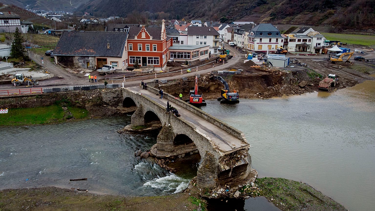 The remains of a bridge lead over the Ahr river in Resch in the Ahrtal valley, southern Germany, Dec.14, 2021.