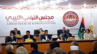 خلال مراسم أداء اليمين للحكومة المؤقتة الجديدة في طبرق، ليبيا، يوم الإثنين 15 مارس 2021.
