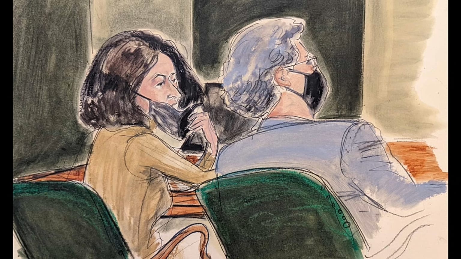 Dibujo de Elizabeth Williams de Ghislaine Maxwell durante un momento del juicio