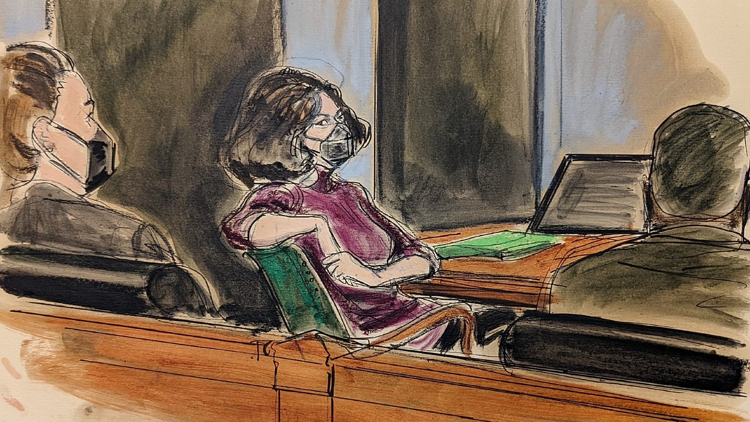 Dessin de presse : Ghislaine Maxwell, lors de son audience au tribunal fédéral de Manhattan, le 29 décembre 2021 