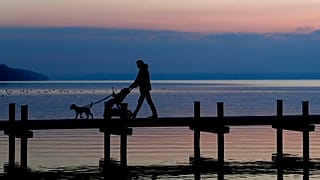 Vater mit Kinderwagen am Starnberger See