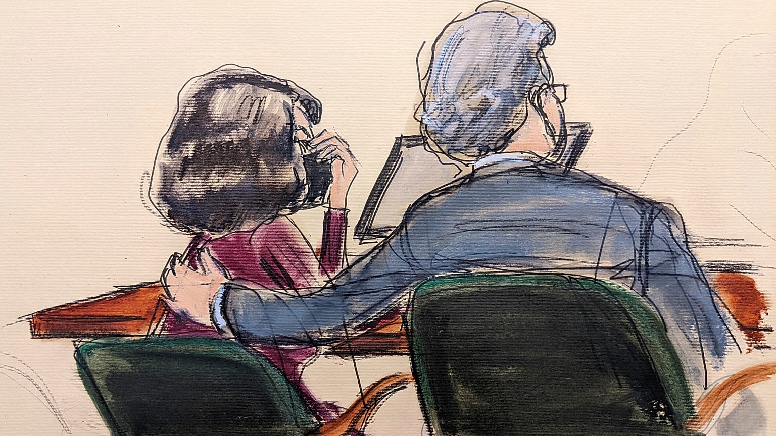 A courtroom sketch shows Ghislaine Maxwell (L) with her lawyer Jeffrey Pagliuca, as a jury returns a guilty verdict in her sex trafficking trial, New York, Dec. 29, 2021.