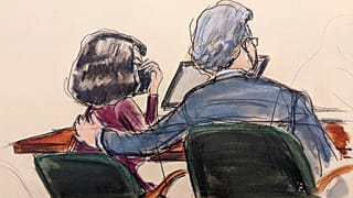 A courtroom sketch shows Ghislaine Maxwell (L) with her lawyer Jeffrey Pagliuca, as a jury returns a guilty verdict in her sex trafficking trial, New York, Dec. 29, 2021.
