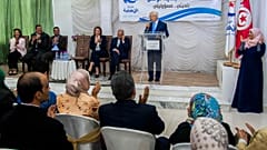 زعيم حركة النهضة راشيد الغنوشي يلقي كلمة أمام أنصاره في تونس العاصمة، تونس، السبت 14 أبريل 2018