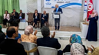 زعيم حركة النهضة راشيد الغنوشي يلقي كلمة أمام أنصاره في تونس العاصمة، تونس، السبت 14 أبريل 2018