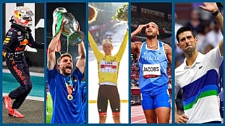 De g. à dr. : Max Verstappen, Domenico Berardi, Tadej Pogacar, Lamont Marcell Jacobs, Novak Djokovic. (Archives)