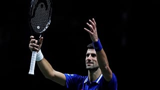 Serbia's Novak Djokovic after defeating Croatia's Marin Cilic during their Davis Cup tennis semi-final match at Madrid Arena in Madrid, Spain, on Dec. 3, 2021. 