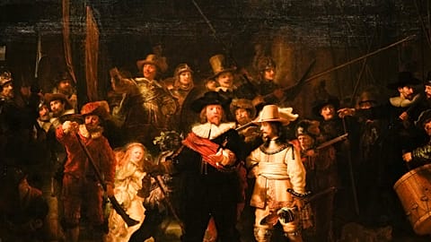 View of Rembrandt's biggest painting the Night Watch showing the ripple in the painting in the top left corner, in Amsterdam, Netherlands, Wednesday, June 23, 2021