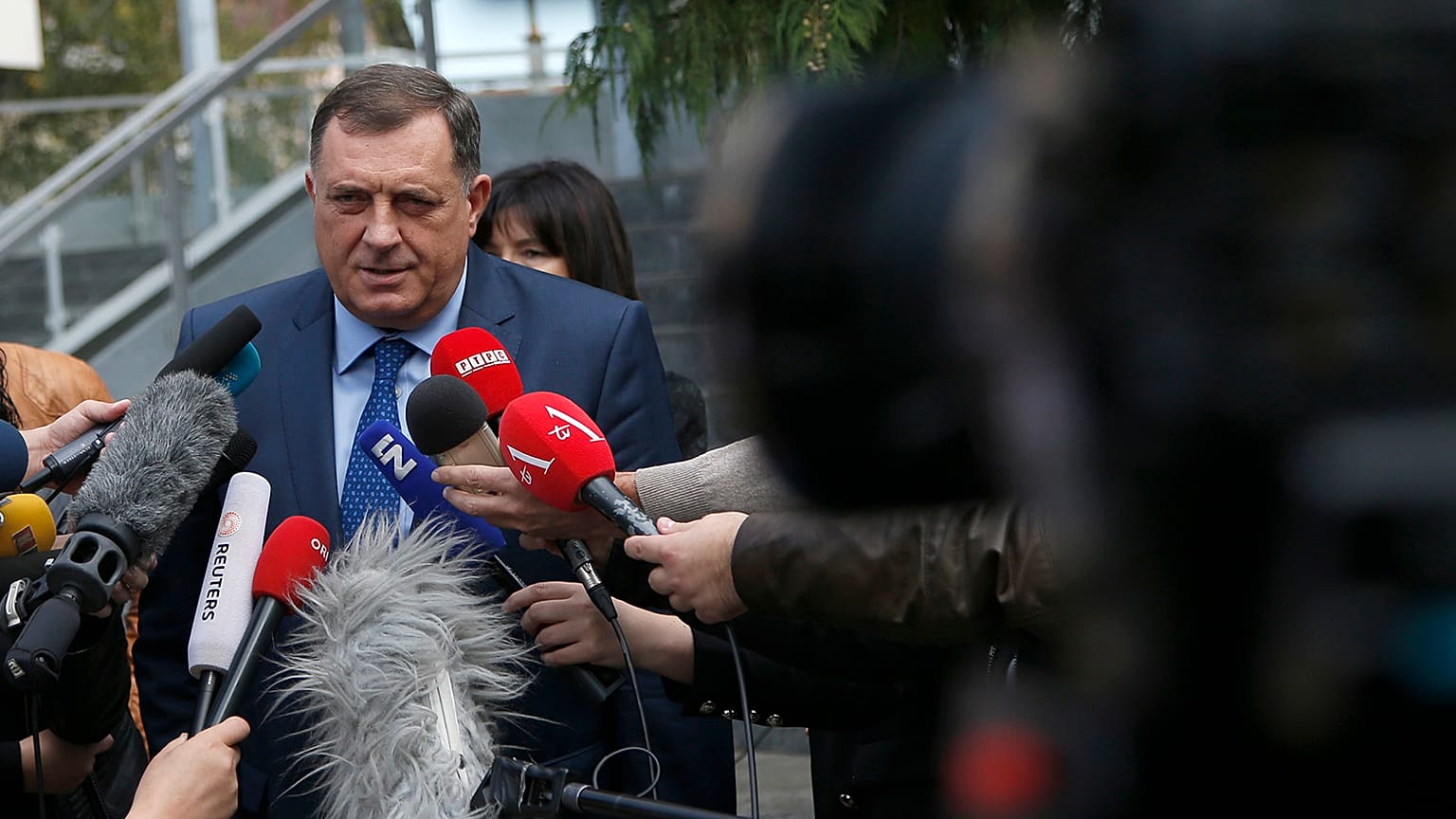 President of the Republic of Srpska Milorad Dodik speaks to journalists in 2018