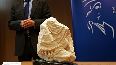 A fragment from the east frieze of the Parthenon, including a foot of the goddess Artemis, dated 442-438 B.C presented at the New Acropolis Museum on September 23, 2008. 