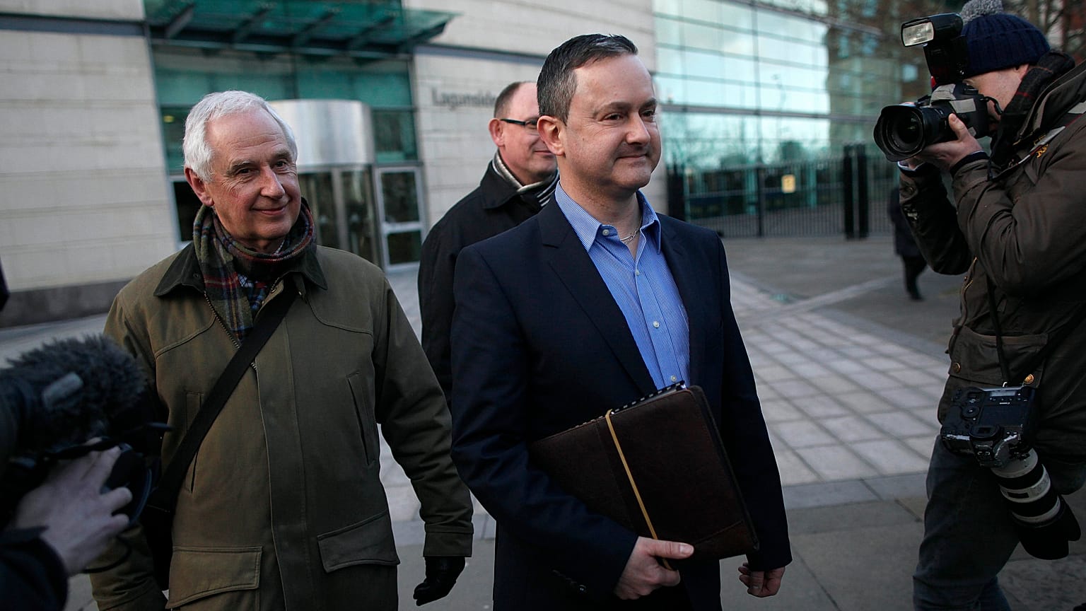 Gay rights activist Gareth Lee, center, leaves Laganside court, Northern Ireland, in March 2015. 