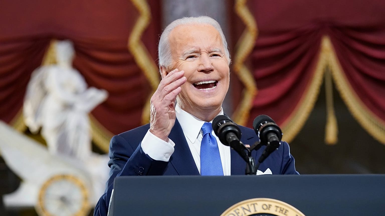 President Joe Biden speaks from Statuary Hall at the U.S. Capitol to mark the one year anniversary of the Jan. 6 riot at the Capitol by Donald Trump supporters, Jan. 6, 2021.