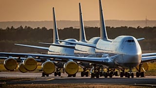 Boeing 747 aircrafts of German Lufthansa parked at the airport in Frankfurt, April 2020.