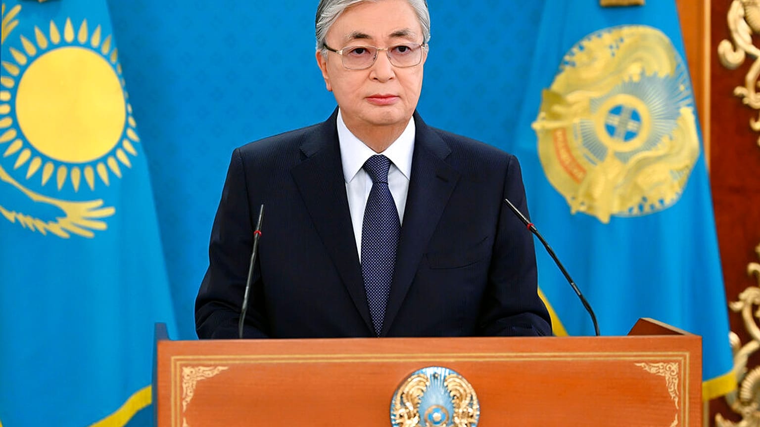 El presidente de Kazajistán Kasim-Yomart Tokáyev en su discurso a la nación, Nursultán, Kazajistán 7/1/2022