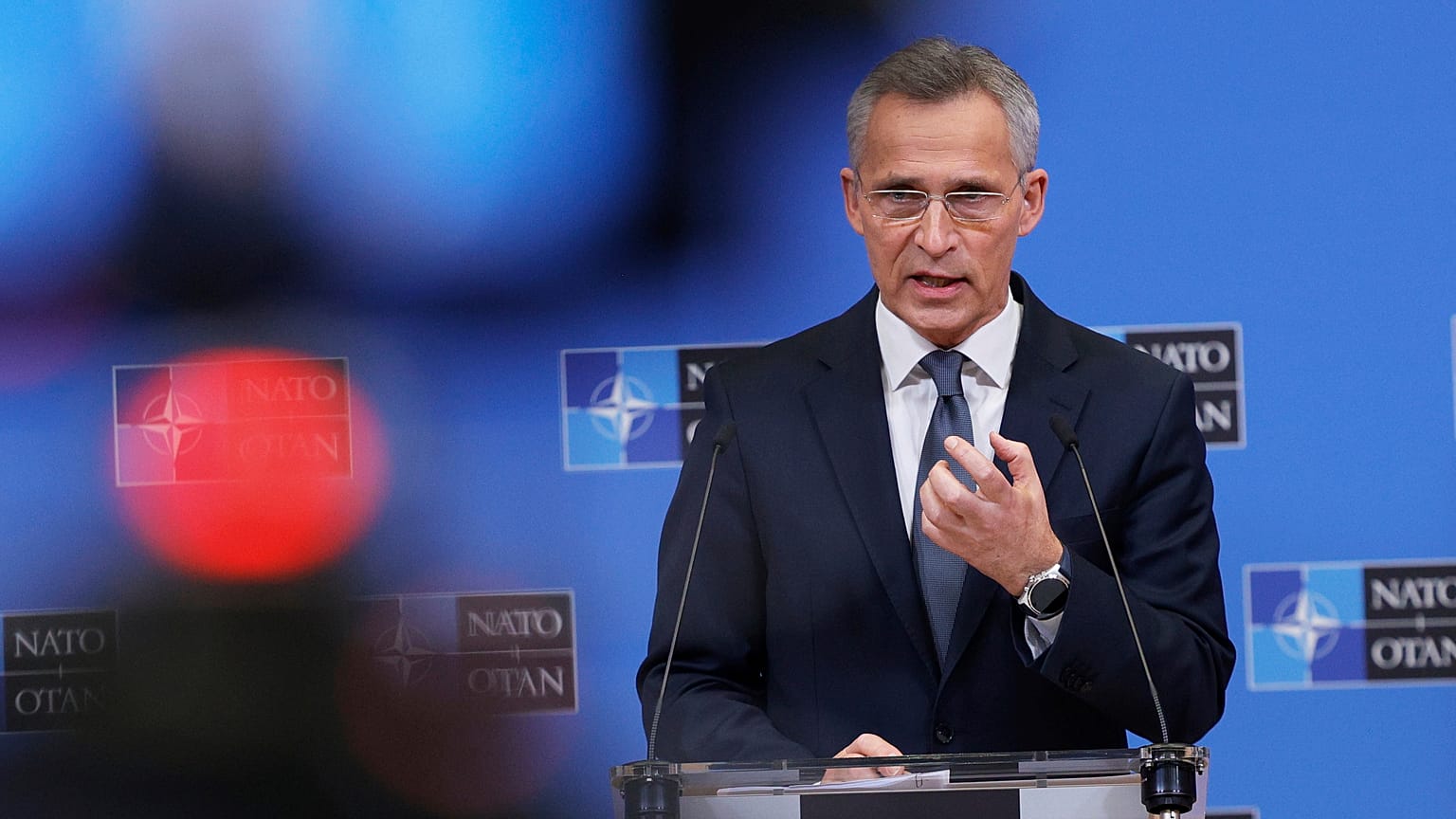 NATO Secretary General Jens Stoltenberg speaks after a video link meeting of NATO Foreign Affairs Ministers at NATO HQ, in Brussels, Friday, Jan. 7, 2022.