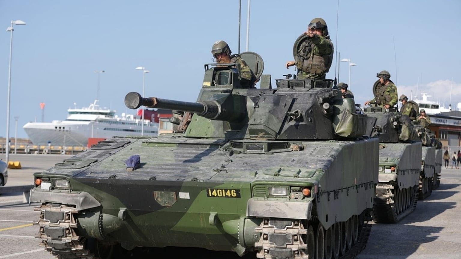Swedish APCs are seen in Visby harbour on the island of Gotland