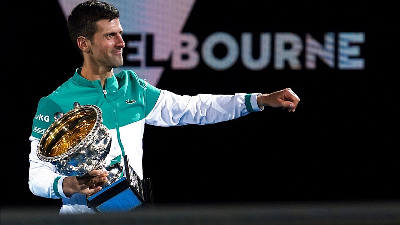 Novak Djokovic lors de sa victoire à l'Open d'Australie 2021, Melbourne, le 21 février