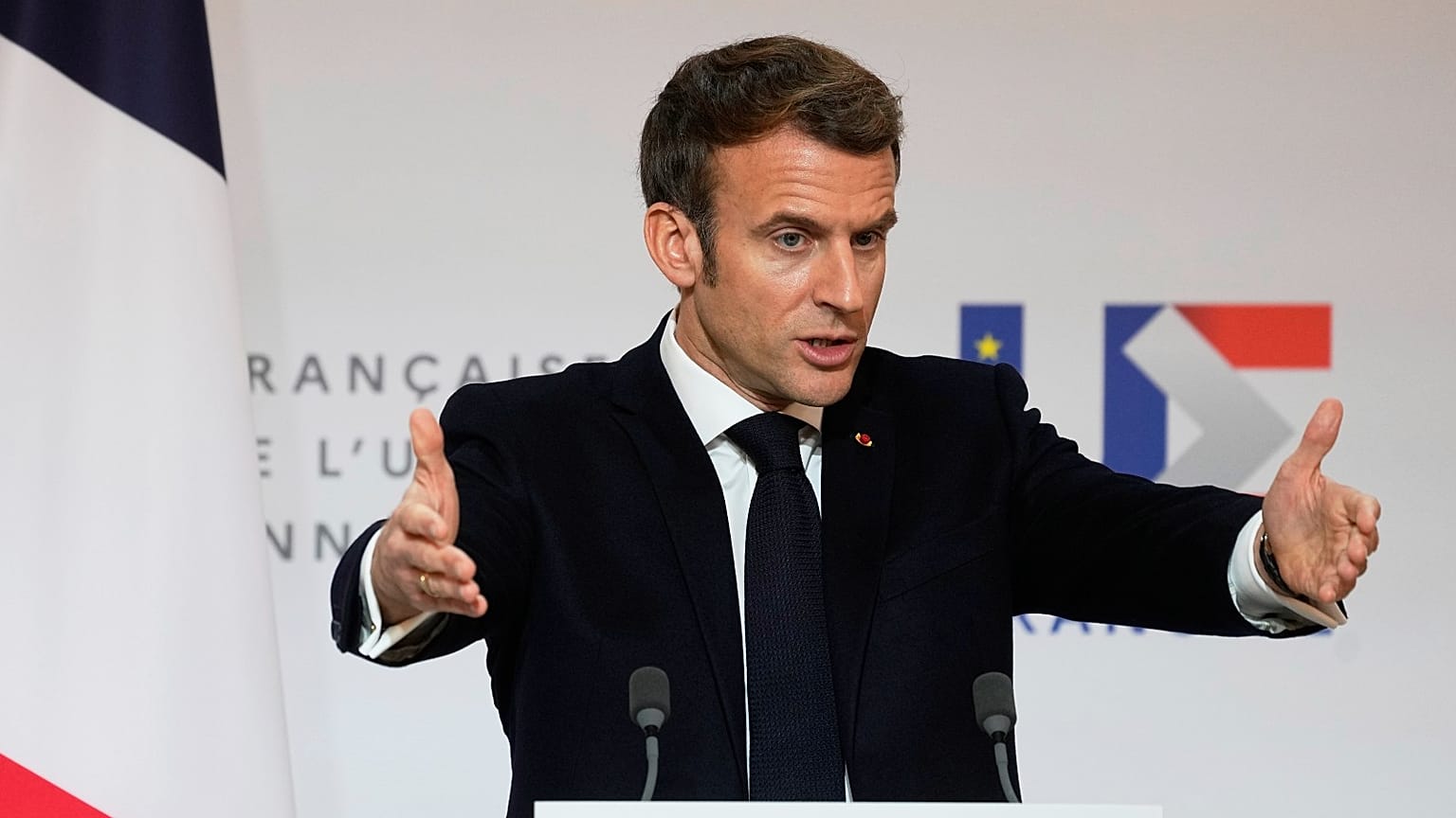 French President Emmanuel Macron speaks as he participates in a media conference with European Commission President Ursula von der Leyen after a meeting at the Elysee Palace.
