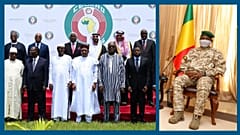 A g. : dirigeants oust-africains lors d'un sommet à Ouagadougou le 14/09/2019 / A dr. : le Col. Assimi Goïta, président de la transition malienne, à Bamako le 24/10/2021