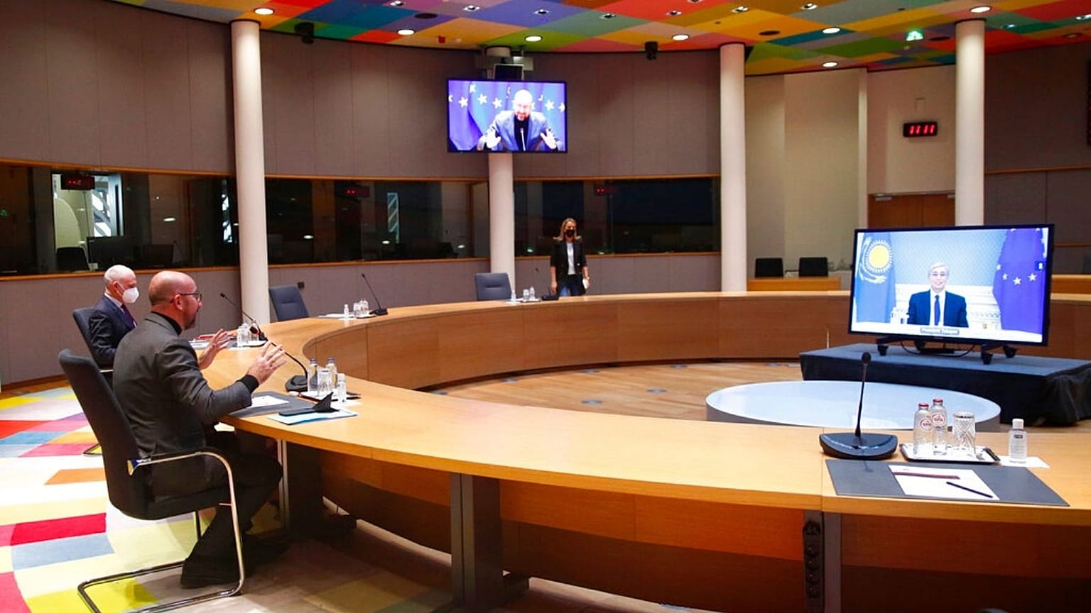  Charles Michel, speaks with Kazakhstan President Kassym-Jomart Tokayev 