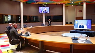  Charles Michel, speaks with Kazakhstan President Kassym-Jomart Tokayev 