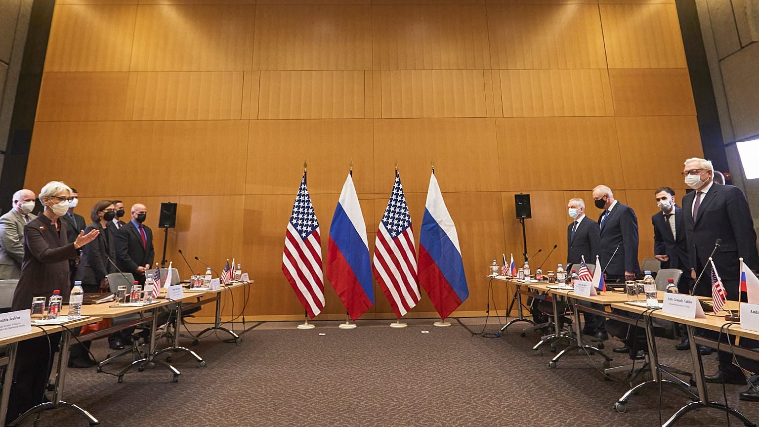 US Deputy Secretary of State Wendy Sherman, left, and Russian deputy Foreign Minister Sergei Ryabkov, right, attend security talks at the United States Mission at the United S