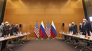 US Deputy Secretary of State Wendy Sherman, left, and Russian deputy Foreign Minister Sergei Ryabkov, right, attend security talks at the United States Mission at the United S